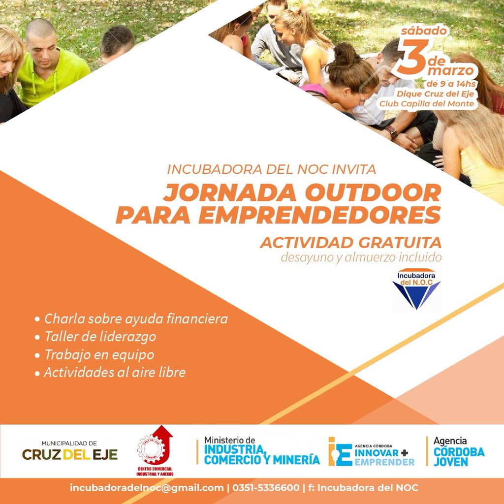Se viene l Jornada Outdoor para todos los emprendedores del NOC. <a href="/AgenciaIyE/">Agencia Córdoba Innovar y Emprender</a>  <a href="/agenciacbajoven/">Agencia Córdoba Joven</a> <a href="/CruzDelEjeMuni/">MunicipalidadCDE</a> <a href="/incubadora_noc/">Incubadora Del NOC</a> <a href="/TomasGrunhaut/">Tomás Grunhaut</a> @MinGobCba