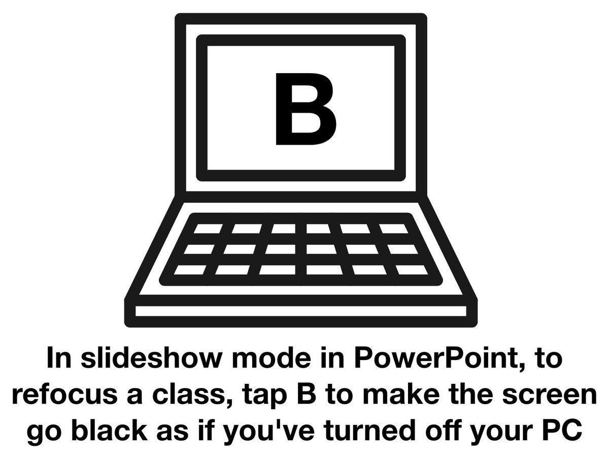One of my top tips for using PowerPoint in class is to tap the B key on  your keyboard in slideshow mode as it makes the screen go black as if you've, image size:1200x900