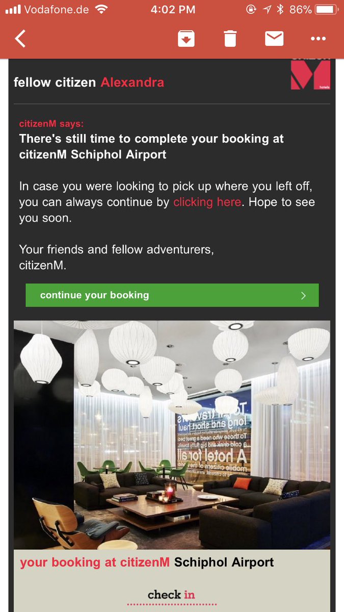 alexxwithtwoxs's tweet photo. Seriously in love with the consistently effortless customer experience with @citizenM. I forgot to book my room for next week and got an email NOT ONLY reminding me but allowing me to pick up where I left off days ago and book at the same rate. #love #citizenm #clickclickdone https://t.co/h7T0W4p4q7