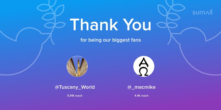 Our biggest fans this week: <a href="/Tuscany_World/">tuscanyworld</a>, <a href="/_macmike/">MacMike</a>. Thank you! via sumall.com/thankyou?utm_s…