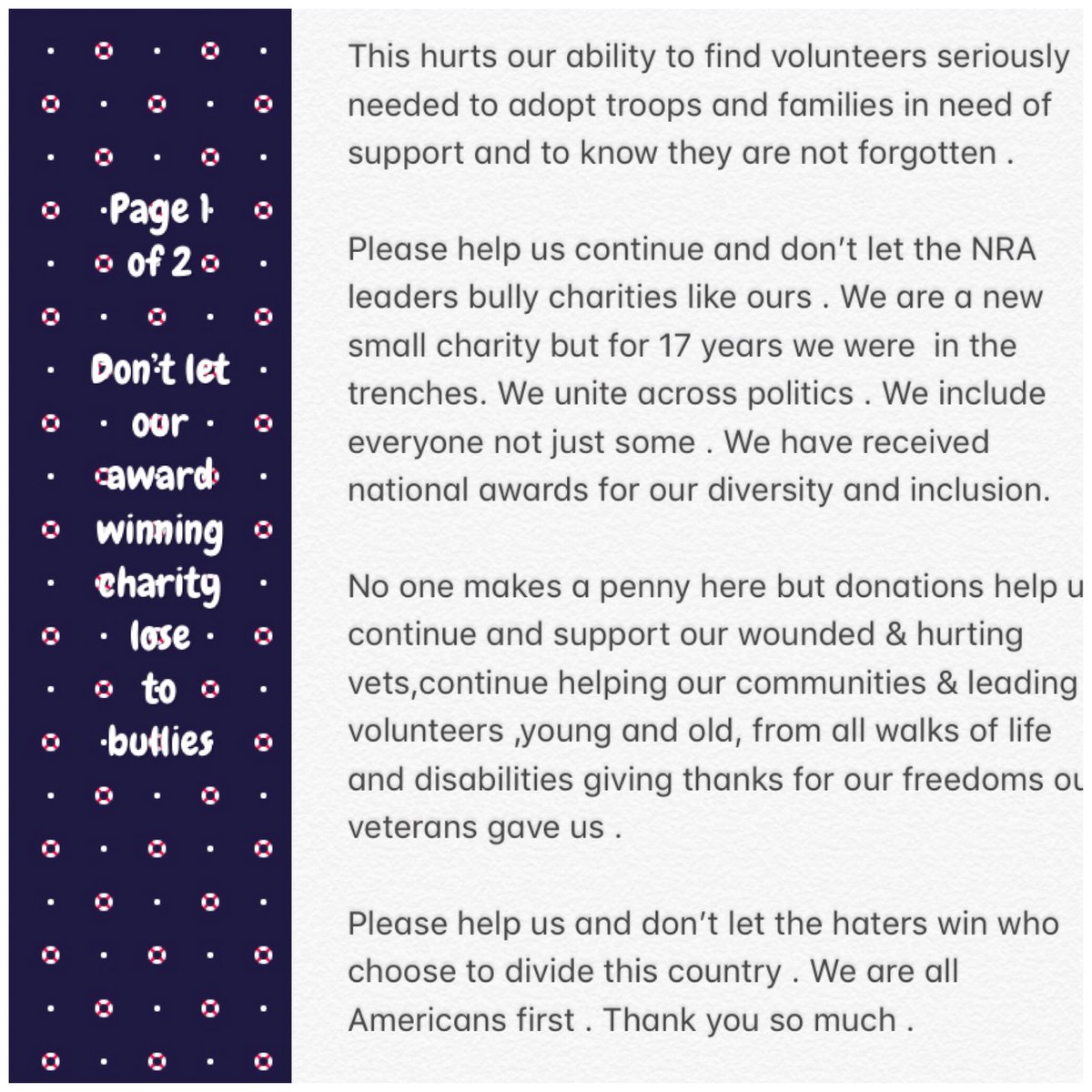 HomefrontHugs's tweet photo. We spoke up and stood united with our inspiring students . Then the threats began hurting our support and donations. We may be small but we make a real difference :

https://t.co/b9exYvc2PA

Spread the word and help us double our followers too in response to the NRA bullying . https://t.co/WYJhc2WErv