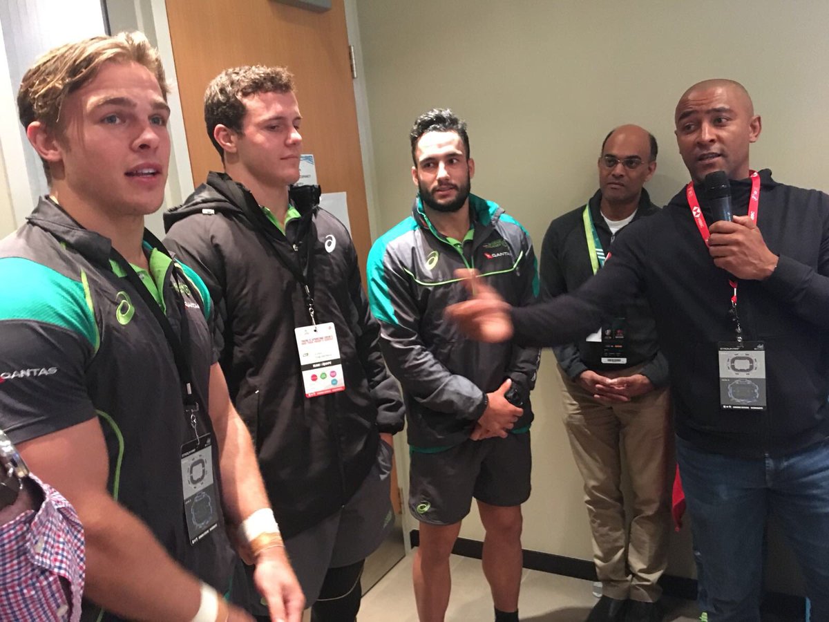 AmyReLong's tweet photo. George Gregan with Charlie Taylor, Dylan Pietsch and Brandon Quinn from the Australian Rugby 7s team in Capgemini suite! #CapgeminiNA #beaheadofthegame https://t.co/Uc681RyrrQ