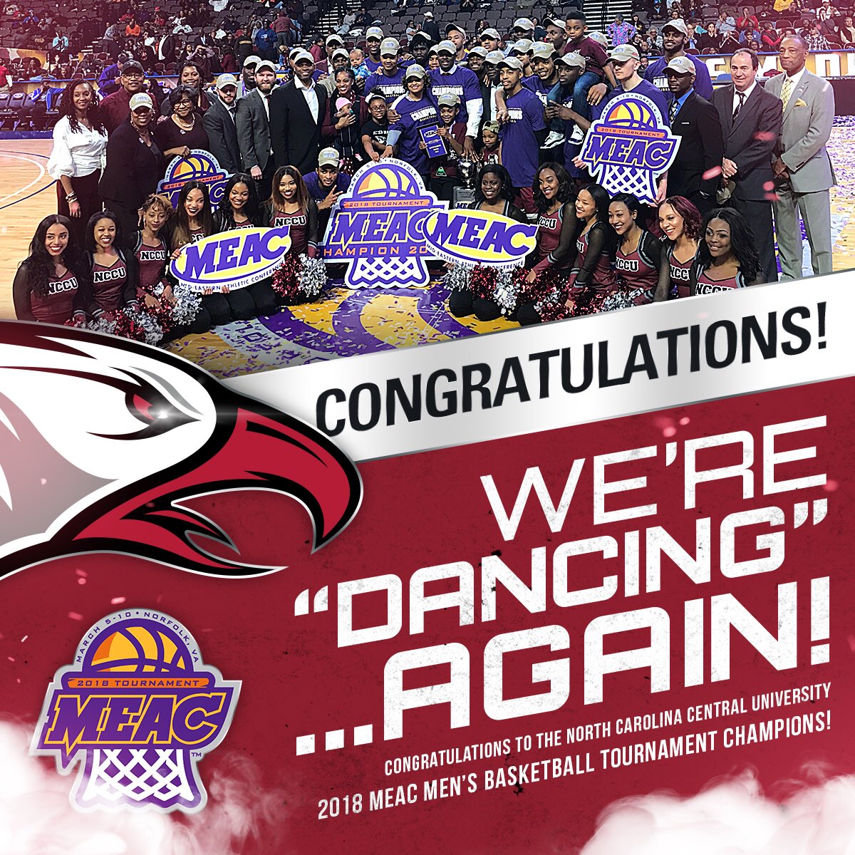 NCCU's tweet photo. We can’t stop dancing! Congrats to @NCCU_MBB @LeVelleMoton @NCCUAthletics! #EaglePrideAmplfied https://t.co/o2pf3gfySN