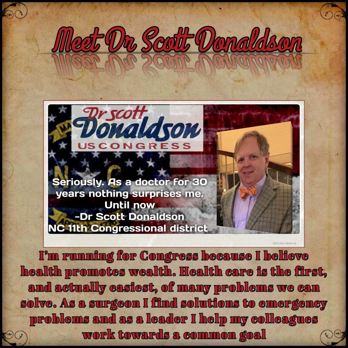 Have you met Dr. Scott Donaldson for #NC11? Allow me to introduce him now! Pls follow, volunteer, donate! #CleartheMeadows #ScottDonaldson4Congress #ncpol  #TheResistance #BlueWave #NCResists 
TY @TonyaLeeOrtega1 4graphics
     
scottdonaldsonforcongress.com 
           @SDonaldsonNC11