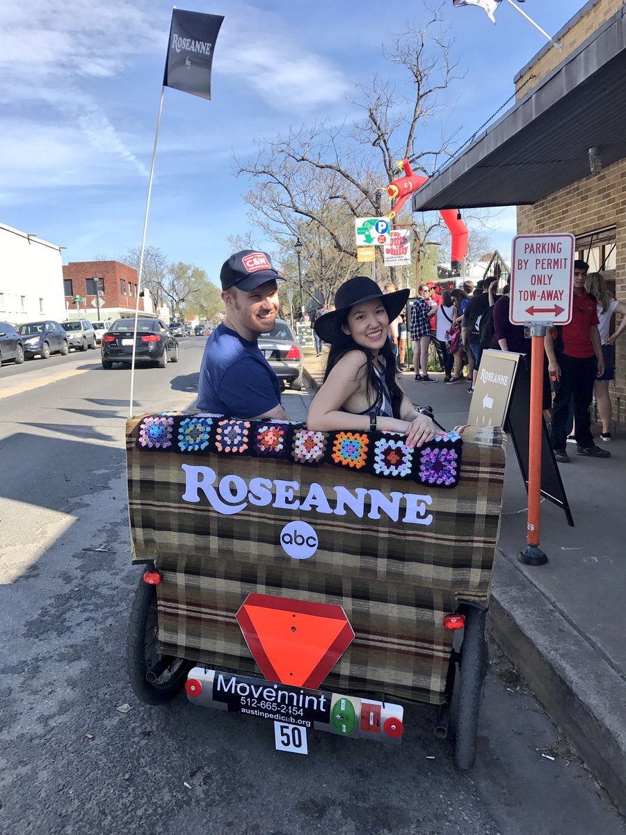 Living my best life in the <a href="/RoseanneOnABC/">Roseanne on ABC</a> #roseanne pedicab! It cackles!😂 #sxsw