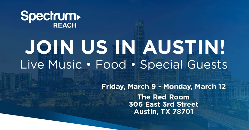 SpectrumReach's tweet photo. Join Spectrum Reach at #SXSW in the #ExperienceReach Lounge. Enjoy local eats, drinks and live musical performances. Live Panel Sunday, “TV is Digital” Click to download a full schedule: https://t.co/lk0qG7PLAO https://t.co/Rx5fMoKrfn