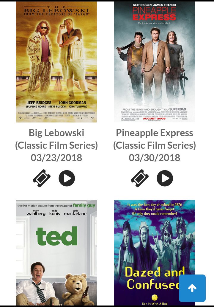 New #ClassicFilmSeries at my theatre! Never seen #TheBigLebowski so I'm excited for that, Pineapple Express and Ted are awful so I'm skipping those, and I LOVE #DazedAndConfused so I will definitely be watching that. #Film