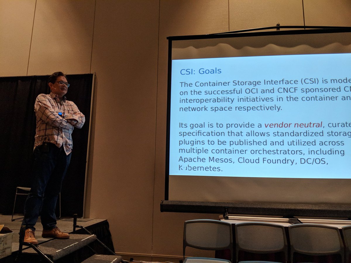 davidvonthenen's tweet image. Talking about the importance of #containerstorageinterface in #container orchestrators at #scale16x. @cantbewong says we don&apos;t want to repeat the mistakes of having different form factors of plugs/outlets in various countries! #keepingitreal