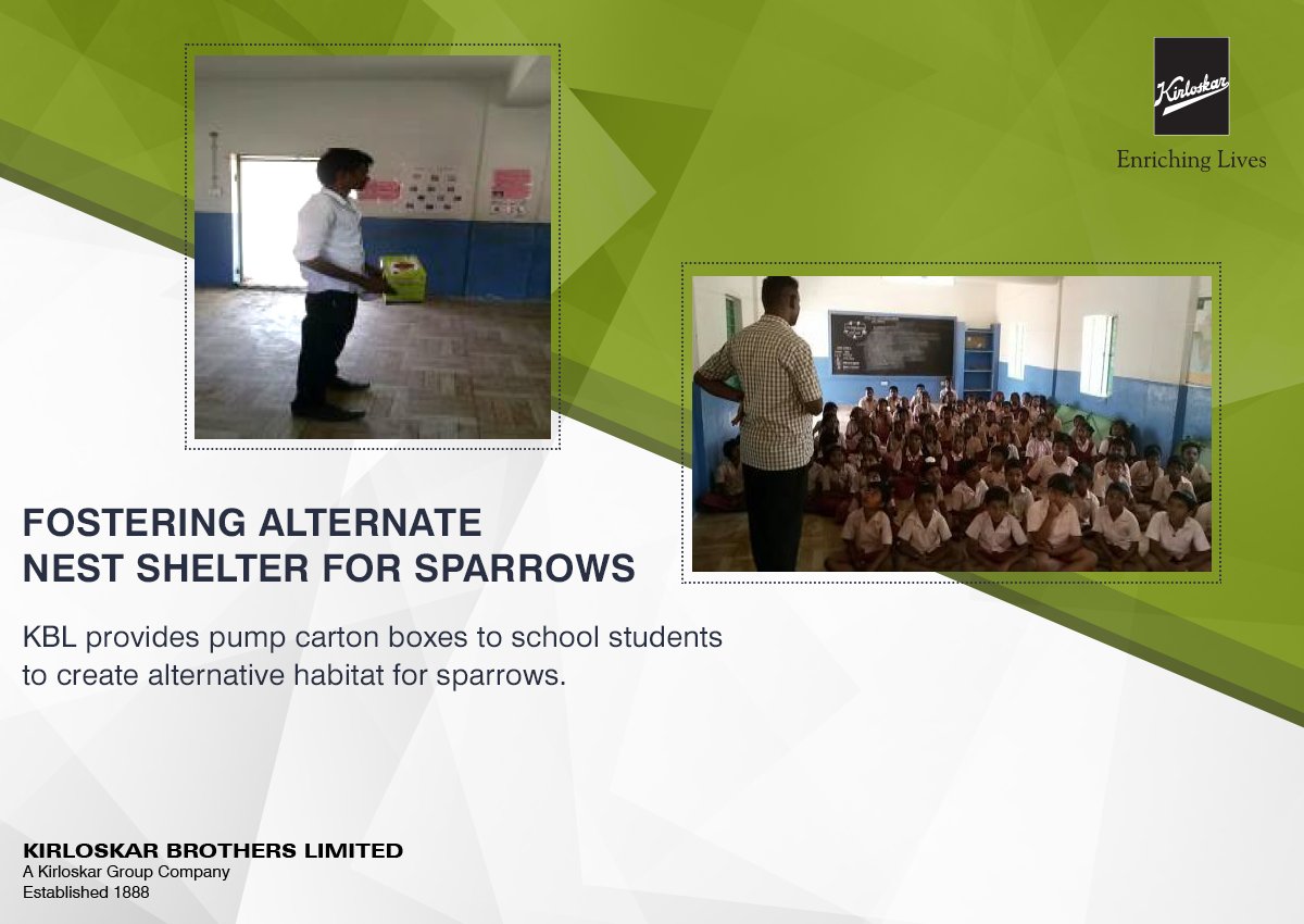 KBLPumps's tweet photo. Students at Sellappampalayam school in Coimbatore recently created 31 home shelters for sparrows, considered an endangered bird species today, out of trashed Kirloskar pump carton boxes supplied by KBL as part of our CSR initiative. #KirloskarPumps #KBLCSR #SaveSparrows https://t.co/fHJxsPr05w