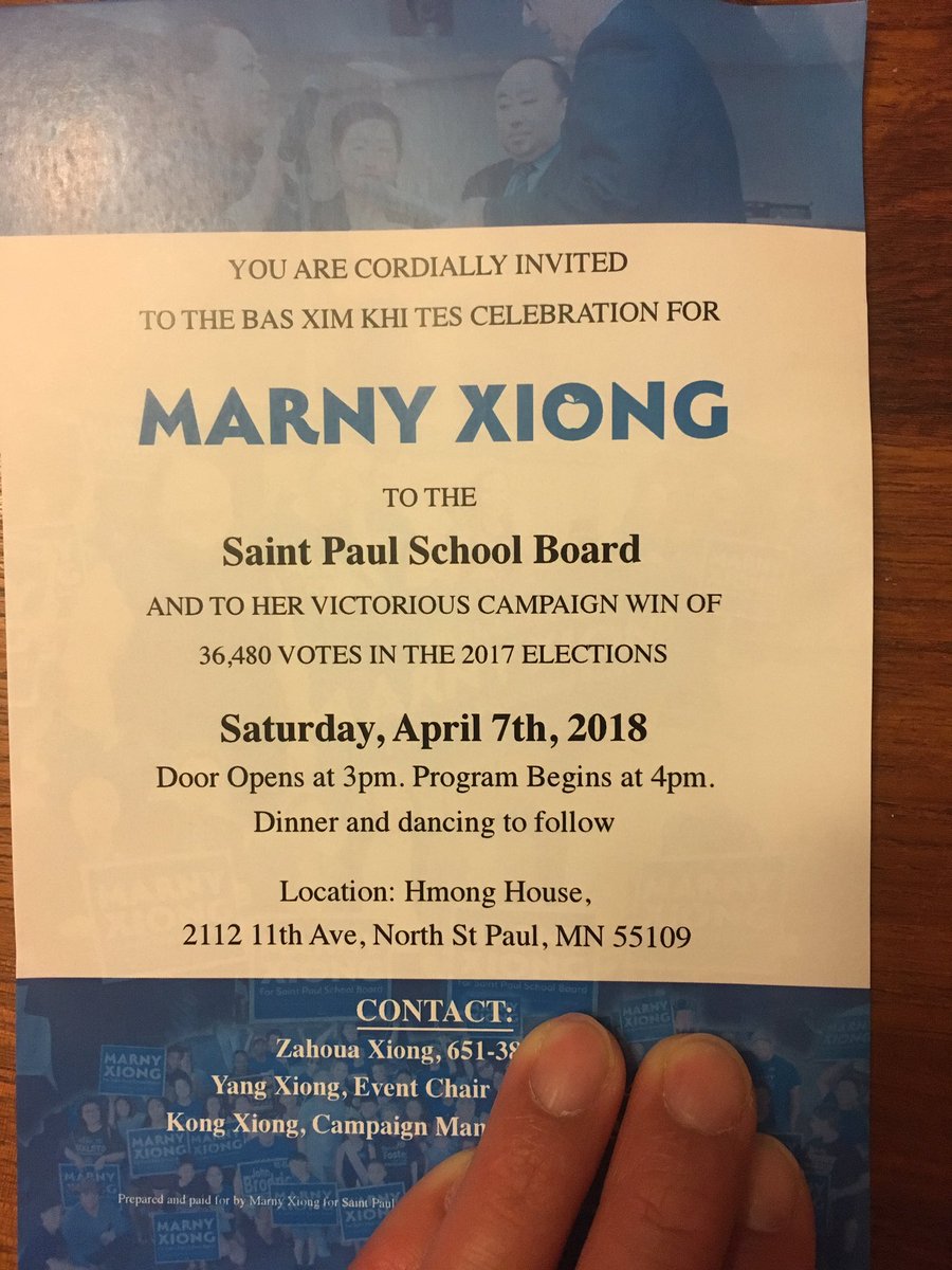 FrederickMelo's tweet photo. School board member is celebrating her "victorious campaign win ...in the 2017 elections" this April with a bas xim Khi tes celebration at a place called Hmong House. That's all I got. #XmasInApril https://t.co/X7okglQRsr