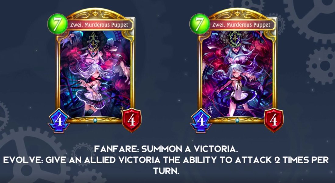 シャドウバース シャドバ 攻略 Gamewith 新カード情報2 殺戮人形 ツヴァイ ネメシスのゴールド 7コスト4 4 4 4 進化前 ファンファーレ ヴィクトリア1体を出す 進化後 進化時 自分のヴィクトリア1体は このフォロワーは1ターンに2回攻撃できる