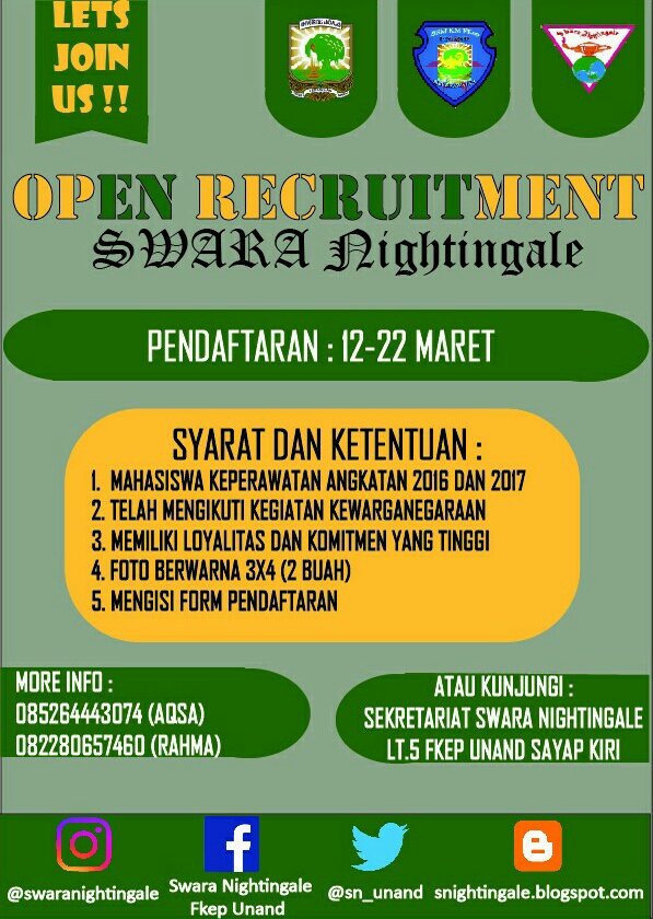 📣OPEN RECRUITMEN SWARA Nightingale telah dibuka.
Cek informasi dibawah ya.. atau silahkan kontak admin yang tersedia..
Lestari!