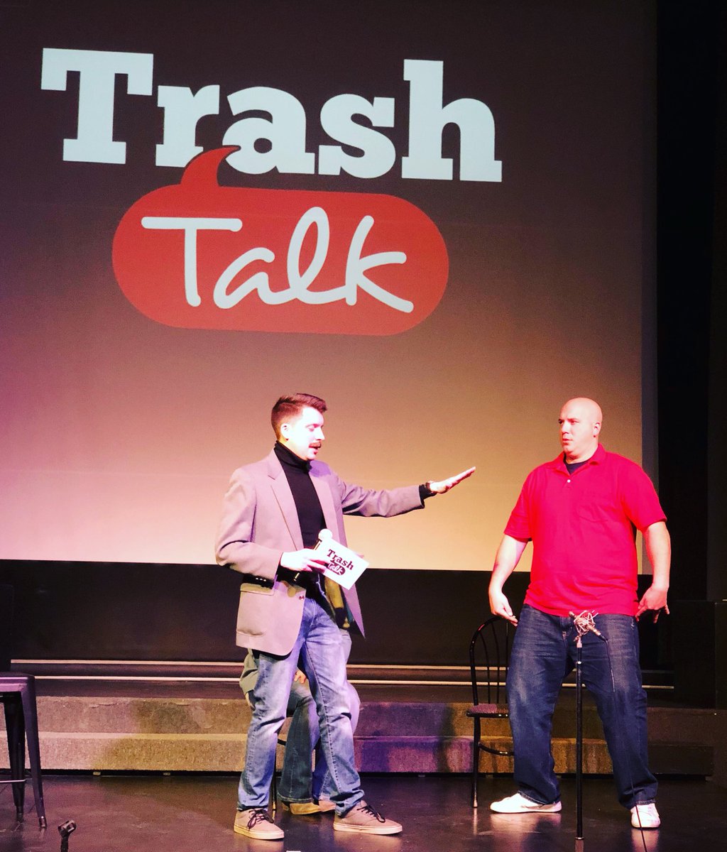 Les Dewitt tries to calm down an aroused Pat The Minotaur in front of a raucous studio audience at <a href="/EstablishmentQC/">The Establishment</a> for the debut of ‘Trash Talk’ - an uncensored, improvised tabloid talk show. #LateNiteShows