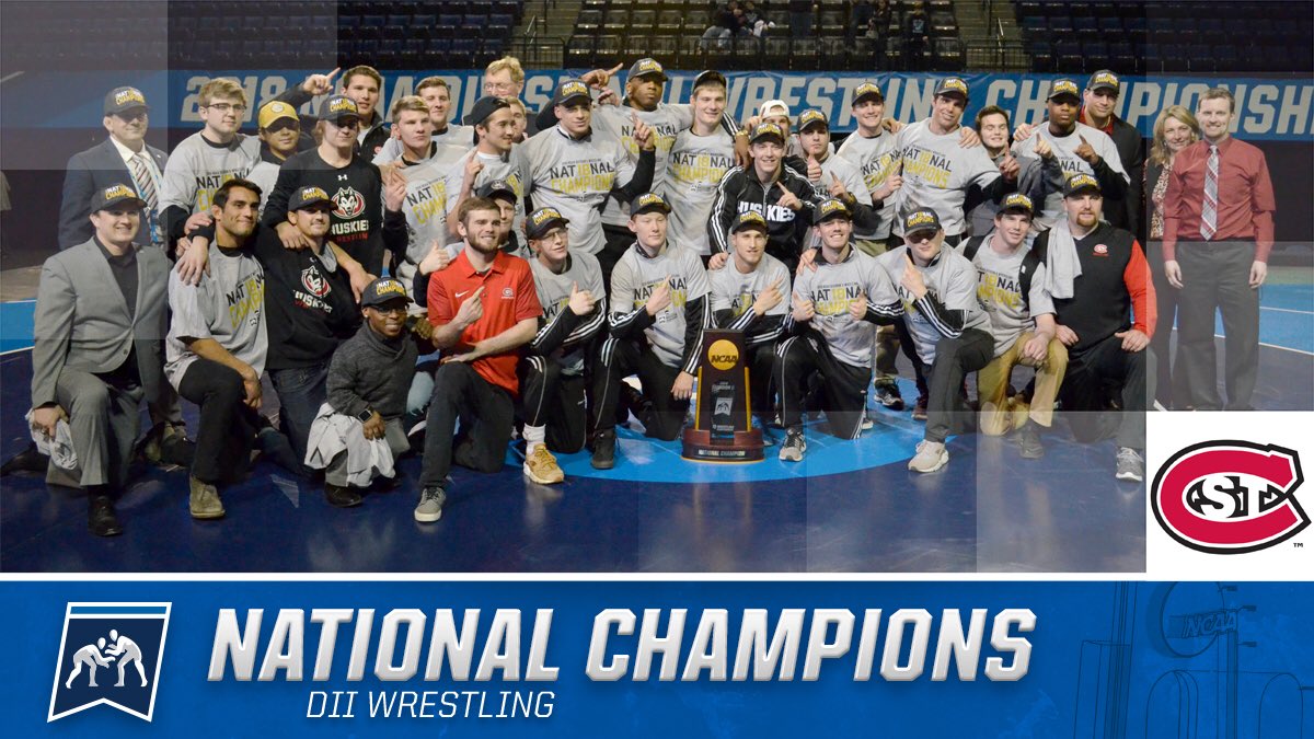 NCAADII's tweet photo. 92.5 team points later and 3 national finalists later, St. Cloud State pulls through as the NATIONAL CHAMPIONS. #D2Wrestle #MakeItYours https://t.co/ygwGoWcqnj