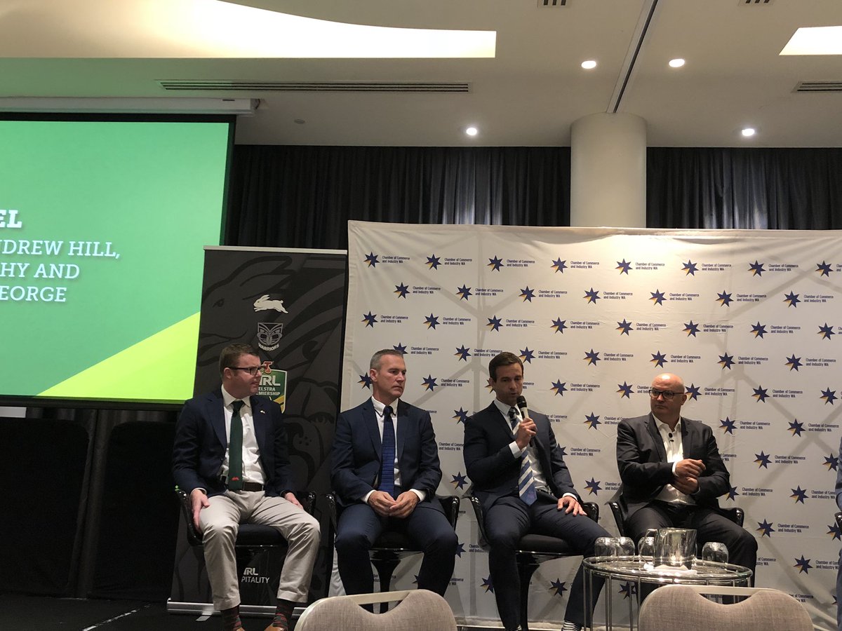 Todd_Greenberg's tweet photo. Great to see the alignment of 4 @NRL Club CEOโs at todayโs Chamber of commerce lunch in Perth talking membership, attendance, participation, digital, community, stadia & leadership.Well done @DaveDonaghy11 @BlakeSolly @Hilly1234 & Cameron George. Best of luck for the season ahead https://t.co/0JDhhiiFOI