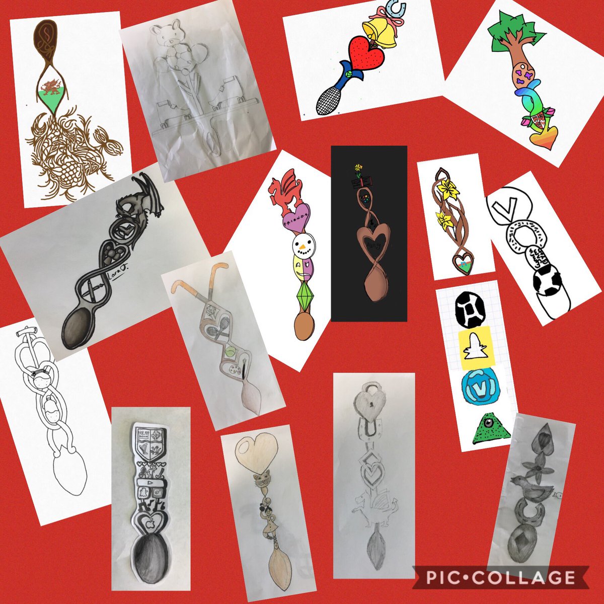 MrsHilltoutArt's tweet photo. Some fantastic #lovespoon designs from Year 7. Designs represent their interests. Some great digital ones using @ConceptsApp as well as traditional media. Well done 7DP @StCyresSchool #wales #welshidentity #madeinwales #StCyresChat https://t.co/81P597hrll
