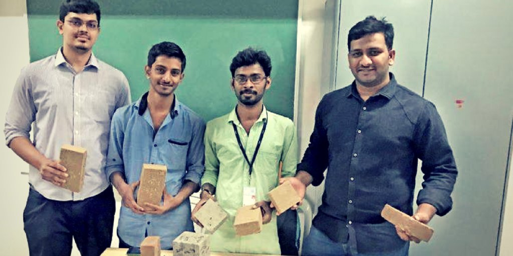 Greentriv1's tweet photo. Mohsin Ali Khan a civil engineer &amp; his team, students of CMR Institute of Technology in Bengaluru, have created cementless bricks it is nearly half the prize and takes half the curing time of a regular brick  #ecofriendly #GoGreen https://t.co/Ju999qZMkf