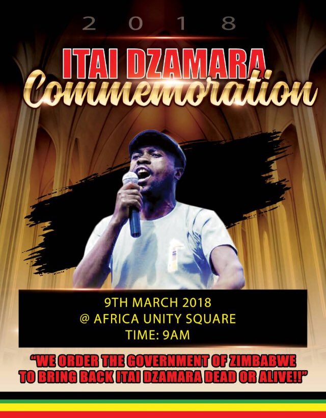 From 9am today, Itai Dzamara’s friends, family, comrades, & fellow citizens will be gathering in Africa Unity Square to commemorate his life & mark 3 years since he was abducted. If you are able to, head down to the Square to pay your respects & to keep demanding #BringBackItai!