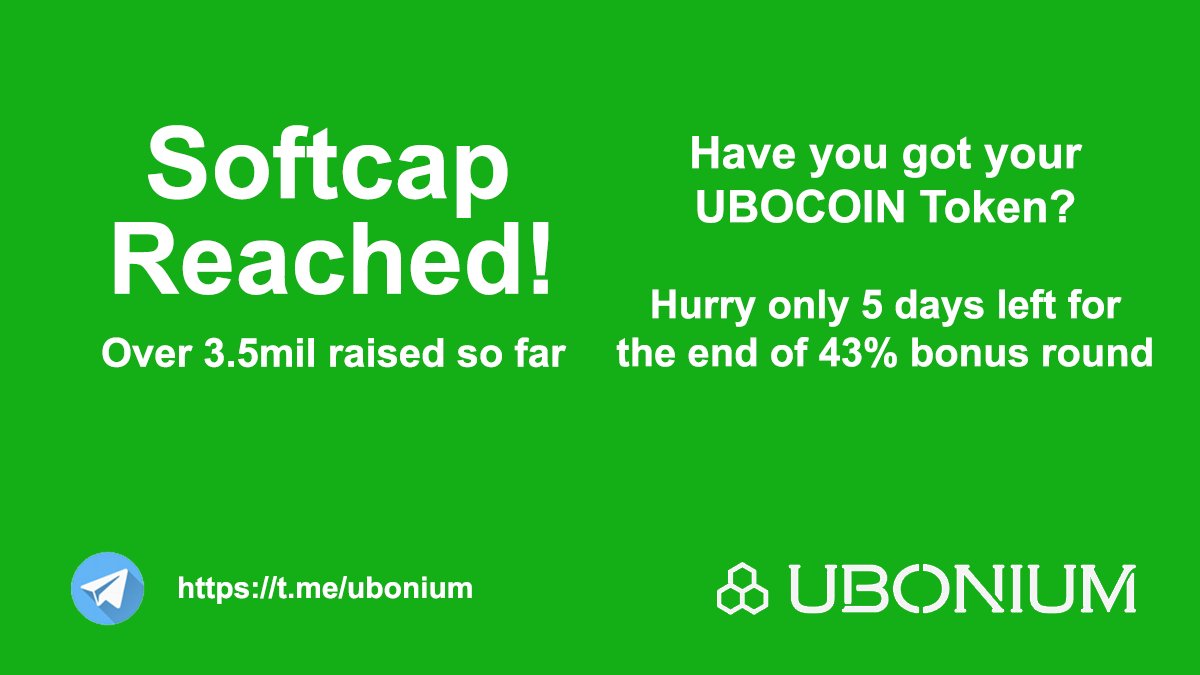 ubonium's tweet photo. Good News! #Ubonium have achieved a very important milestone on #UboniumICO The softcap was exceeded in our first week of #ICO campaign. Have you got your #Ubocoin tokens? Hurry pre-sale bonus ends in 5 days! https://t.co/CC6Vnz4isf