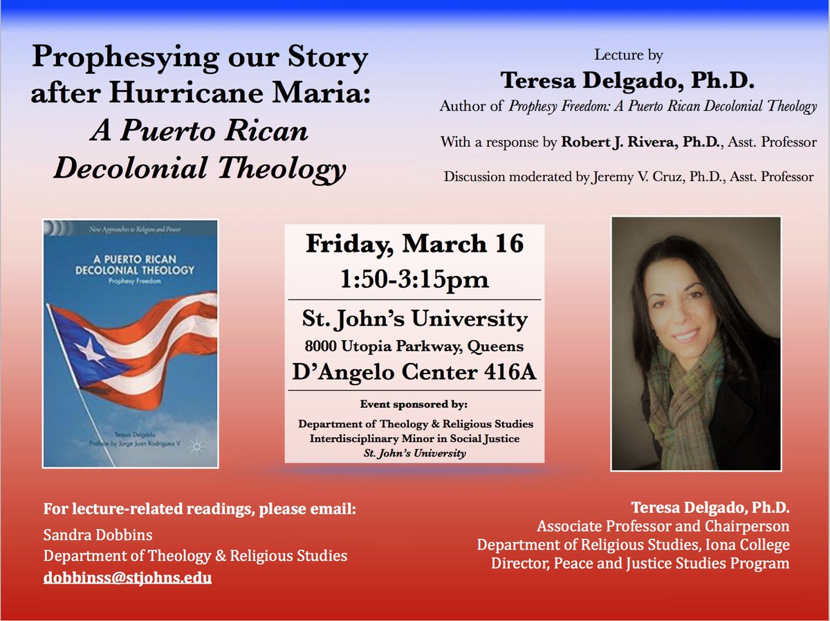 SJUjustice's tweet photo. If you're in the NYC area, join us on MARCH 16 for a lecture and discussion on decolonial theology for Puerto Rico and beyond!  
#StJohnsNow #WeAreStJohns #GoRedStorm #SJU https://t.co/Ir36yX93RY