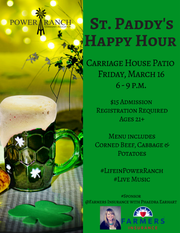 PowerRanch's tweet photo. St. Paddy's Happy Hour on the Patio, limited seating, register today! https://t.co/QFuhzrpkxa https://t.co/ubycrq7ejD