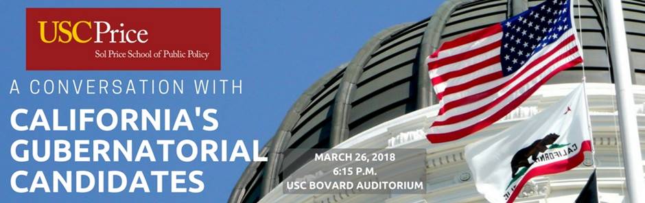 GPACUSC's tweet photo. The USC Sol Price School of Public Policy is excited to host A Conversation with California’s Gubernatorial Candidates on Mar 26 at 615pm in Bovard Aud. No walk-ins. Guests must be in seat nlt than 615pm and stay until 8pm. Guests must register here-->  https://t.co/scM92DJdTU https://t.co/ITb76rGY5S