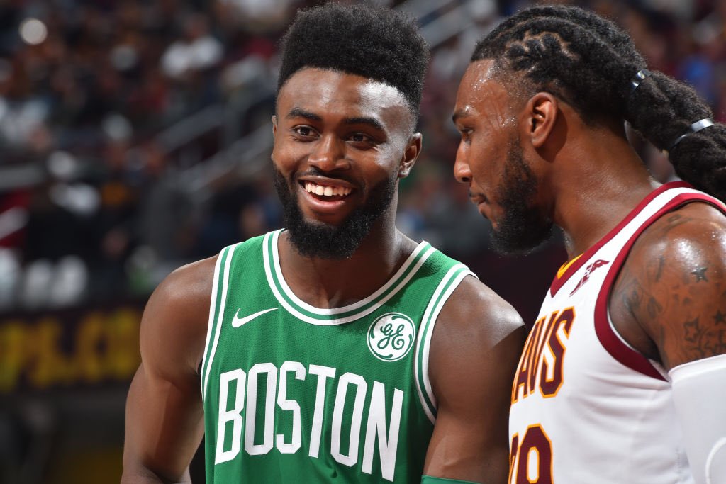 SLAMonline's tweet photo. Scary fall for Jaylen Brown, but he was able to leave the court under his own power. 

🙏🏽🙏🏽🙏🏽 https://t.co/GHD1SGqiPZ