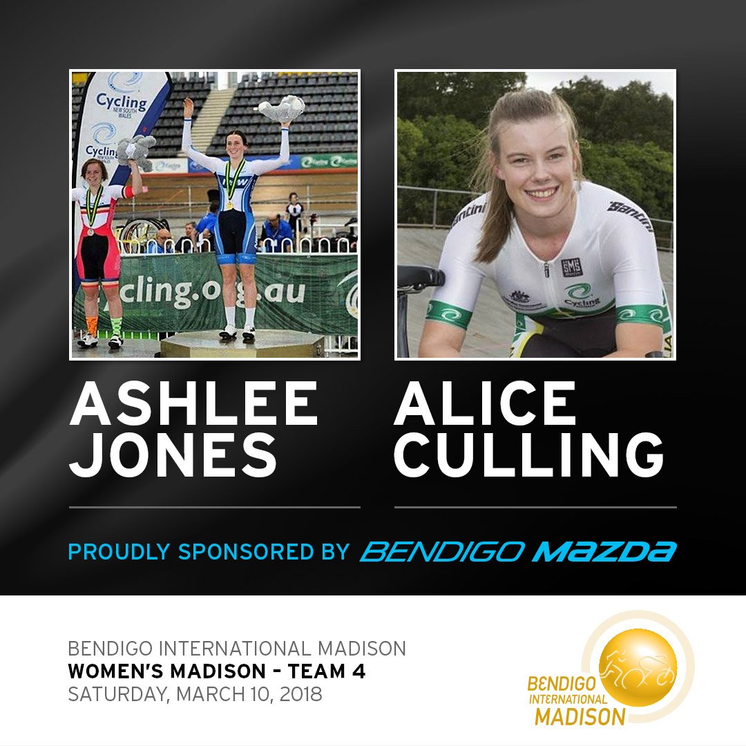 BendigoMazda's tweet photo. Bendigo Mazda is proud to support Ashlee Jones and Alice Culling in this weekend’s Women’s Madison. Join us in getting behind the dark blue of Team 4 at the Bendigo International Madison tomorrow! #bendigomazda #madison2018 #proudsponsor #zoomzoom https://t.co/dYqWLGC1BT
