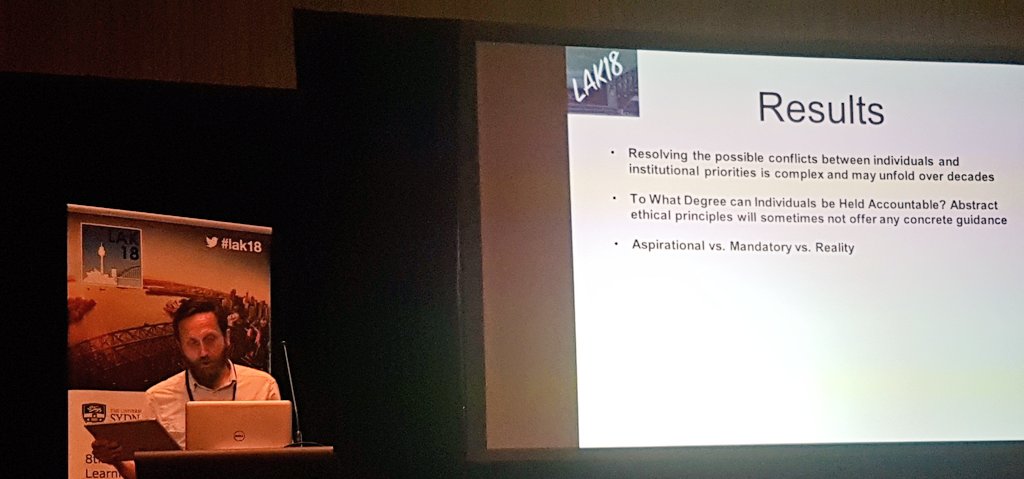 Developing a Personal Code of Ethics for Learning Analytics Practitioners - @LeahPMac and <a href="/sclater/">Niall Sclater</a> presenting a paper written with <a href="/learng00d/">Charles Lang</a> <a href="/14prinsp/">Paul Prinsloo 🇸🇩🇿🇦🏳️‍🌈🍉</a> @SharonSlade #LAK18