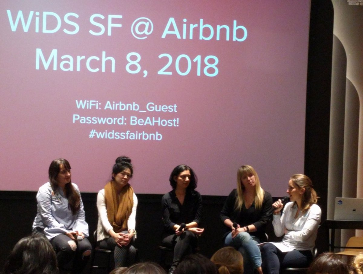 Great panel at #widssfairbnb, featuring Mitra Akhtari @mitra_akh, Erin Coffman, Regina Wu, and Negin Nejati, moderated by Amelia Lemionet from @AirbnbData #WiDS2018