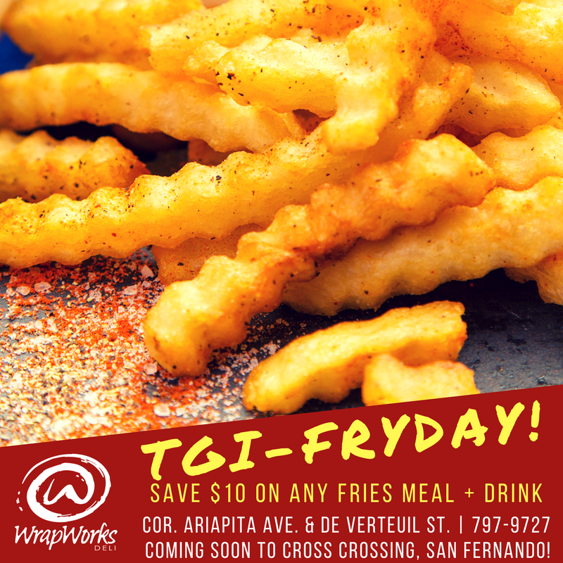 WrapWorksDeli's tweet photo. #TGIFryday! $10 #OFF any #SeasonedFries #Meal + #Drink! Includes two topping salad + #International #Sauces! Fasting for #Lent? Savour our #Shrimp & #Fries, #Fish & Fries, or #Sautéed #Soya with #Pimentos, #Onions, #SweetPeppers & Fries! #UnwrapGoodness #WrapWorksDeli #CraveIt https://t.co/N2CqmPQO8l