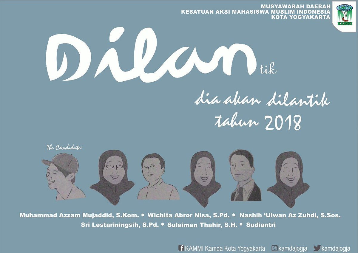 Pagi untuk KAMMI
Siang untuk KAMMI 
Sore untuk KAMMI
Malam untuk KAMMI
Aku nggak mau istirahat.
Dia yg akan dilan-tik tahun 2018.

#Dilan #tik #musyda #kotajogja #kammijayakanindonesia2045