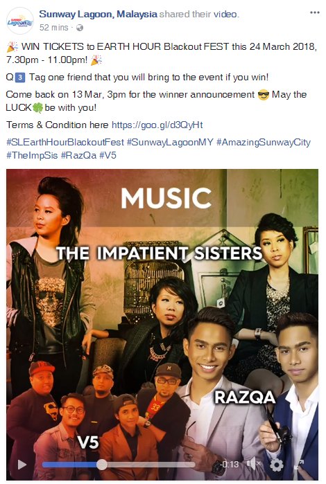 SunwayLagoonMY's tweet photo. Visit our FB page on 13 Mar, 3pm for the winner announcement 😎 May the LUCK🍀be with you!

Terms &amp; Condition here https://t.co/PtCjhOnYhJ

#SLEarthHourBlackoutFest #SunwayLagoonMY #AmazingSunwayCity #TheImpSis #RazQa #V5 https://t.co/L9ujGBr3Wy