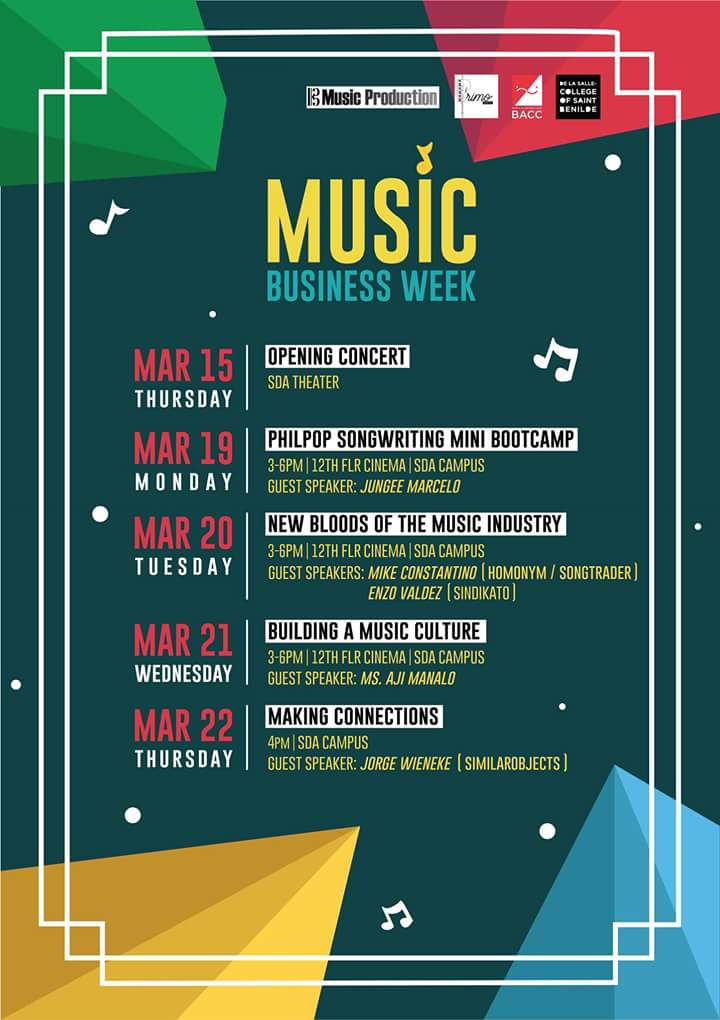 primomusico's tweet photo. Learn about the ins and outs of the Music Industry, how to make connections, and how to write hit tracks this coming March 15, 19-22, 2018!

Non-Benildean guests are welcome to attend, but online registration is a must. 

*Online registration links:
https://t.co/AsvV6lfXNN

#MBW https://t.co/WlN8S07Bku