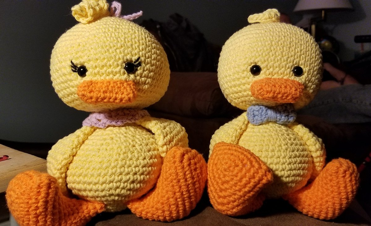 knottybunch's tweet photo. These two are flying to their new home in Tennessee tomorrow! #crochet #crochetersoftwitter #amigurumi #yarn #yarncraft #cute #stuffedanimal #adorable #Ducks #handmade #handcrafted #crafty https://t.co/8k0PZ93Vc7