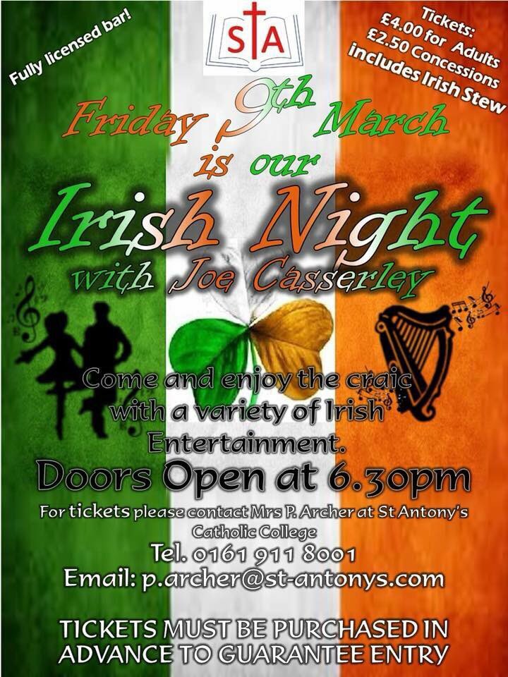 #mancirishfestâ (@mancirishfest) on Twitter photo Join <a href="/JoeCasserley/">Joe Casserley</a> for the launch of the #ManchesterIrishFestival #StPatricksDayParade weekend tonight Fri 9 March <a href="/StAntonysCC/">St Antony's Roman Catholic School</a> in #Urmston for a great Irish Charity Night Join <a href="/JoeCasserley/">Joe Casserley</a> for the launch of the #ManchesterIrishFestival #StPatricksDayParade weekend tonight Fri 9 March <a href="/StAntonysCC/">St Antony's Roman Catholic School</a> in #Urmston for a great Irish Charity Night