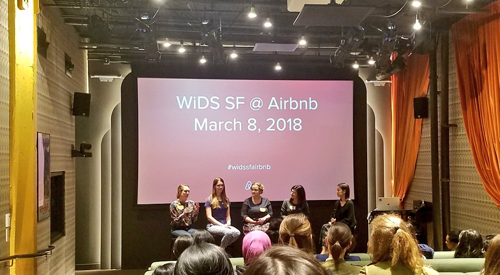 .@datachloe bringing her amazing energy to the panel of women in #datascience at #widssfairbnb! #WiDS2018