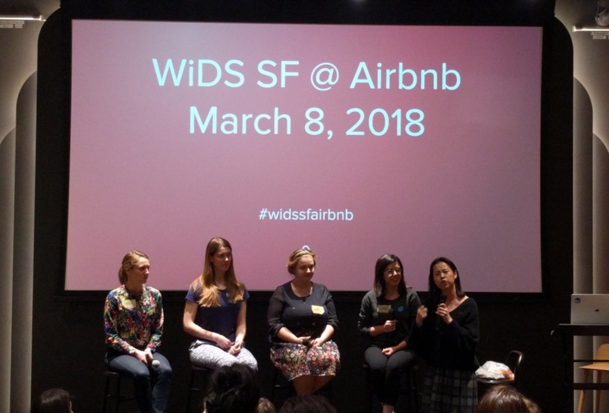 Enlightening career panel at #widssfairbnb, moderated by @datachloe from @SheTalksData @Twitter.  #WiDS2018 #IWD2018 

Laura Pruitt from @netflix, @alexandraj777 from @SigOpt @WiMLDS_BayArea, @korachuta from @Medium @pyladiessf, @djpardis and @datachloe from @Twitter.