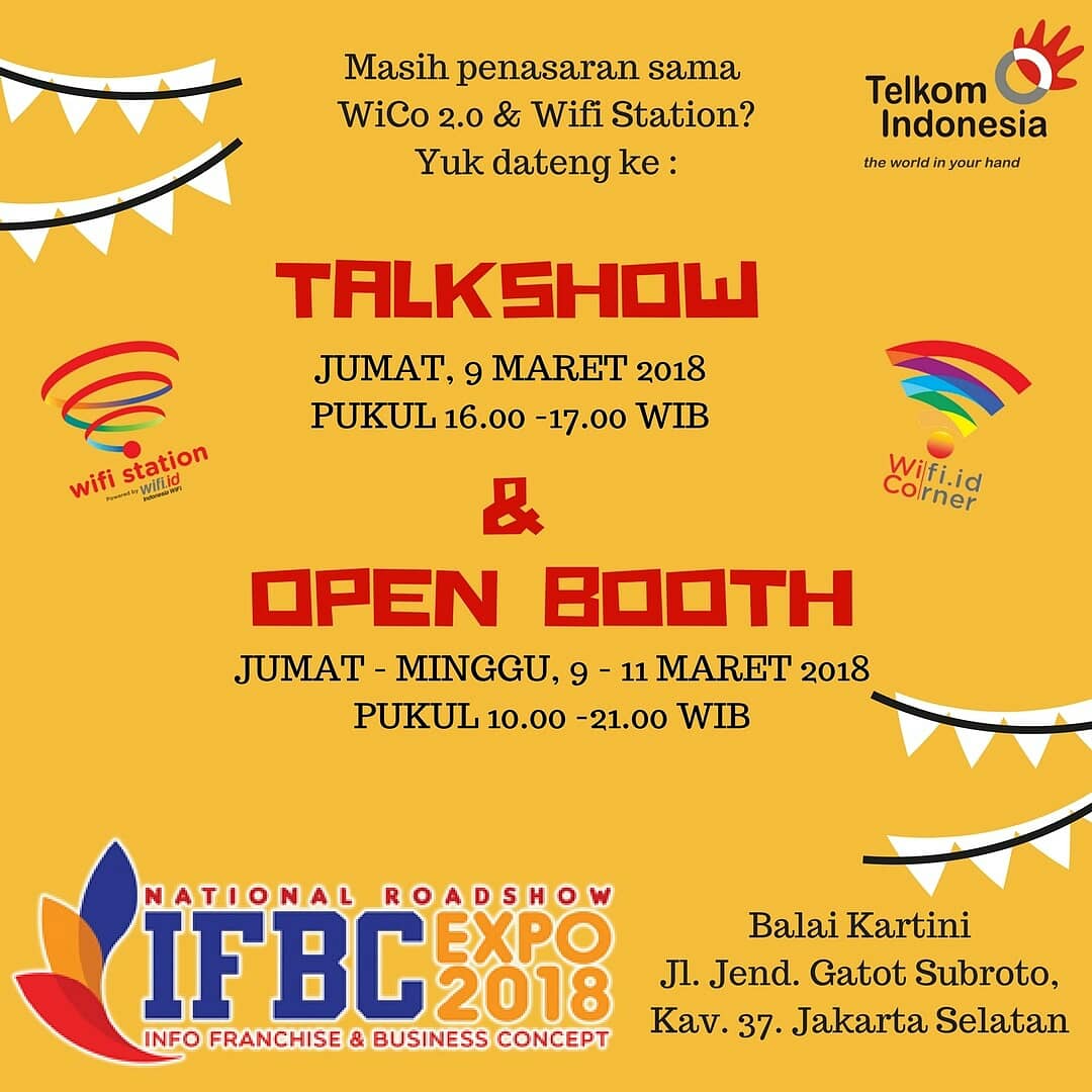 Yuk datang ke Balai Kartini karna akan ada Talkshow dan Open Booth, lho!
#wico #wificorner #wifi.id #wifistation #ifbc2018 #seminarbisnis #balaikartini #peluangusaha #peluangbisnis #pameranusaha #EventJakartahariini #eventjaksel #eventjakarta #telkom #TelkomIndonesia