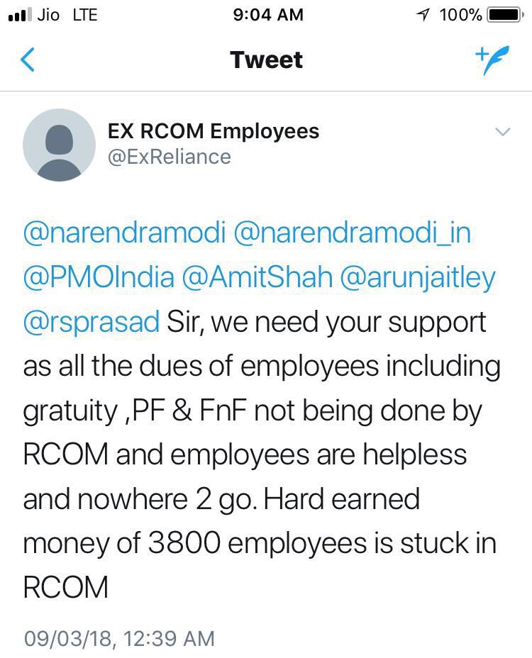 ExReliance's tweet photo. @PMOIndia @narendramodi @narendramodi_in @rsprasad @arunjaitley Sir, RCOM employees are stuck as no PF,F&amp;F and gratuity being given by RCOM . Your support needed to save our soul. #SaveRCOMemployees https://t.co/ilDZgzKENX