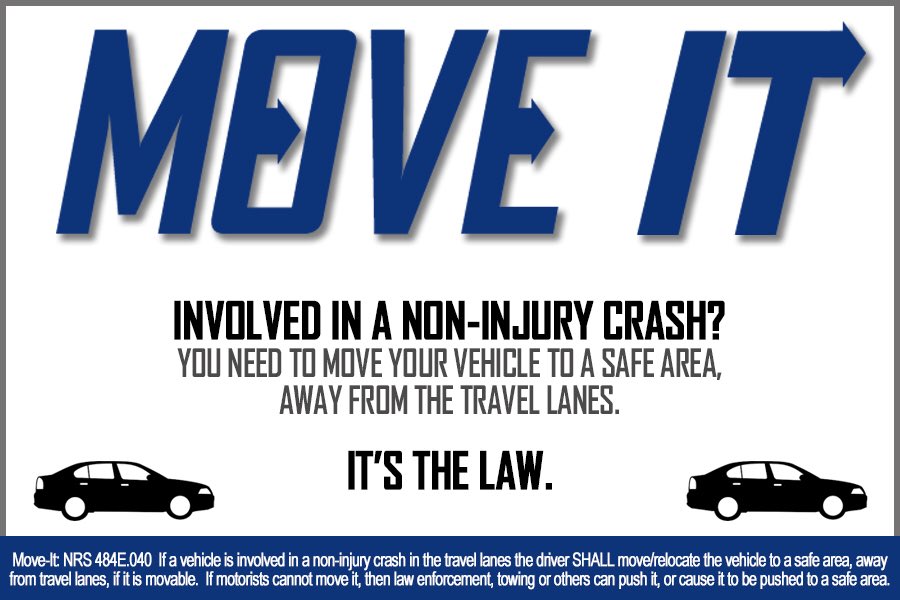 NVStatePolice's tweet photo. Motorists are advised that if you are involved in a minor traffic collision you are required to move out of the travel lanes and move to the right shoulder. This will help alleviate more traffic in the already congested project neon construction area. @NDOTProjectNeon @nevadadot https://t.co/Gvn9XjHsrG