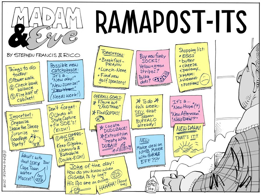 madamevecartoon's tweet photo. RamaPost-ITs ... cartoon in this week's @mailandguardian 

#cyrilramaphosa #presidentramaphosa #ANC #EFF #Gigaba #CabinetReshuffle #stripysocks #WMC #postit https://t.co/wBN4EUoDMe