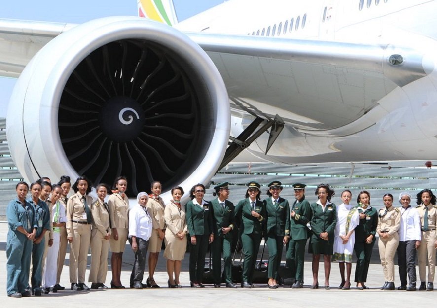 MFAEthiopia's tweet photo. Ethiopian Airlines flies all-female crew to celebrate #InternationalWomensDay 

#WomensDay 

🔗 https://t.co/8kOYBkrEUg https://t.co/DvLXx20OGI