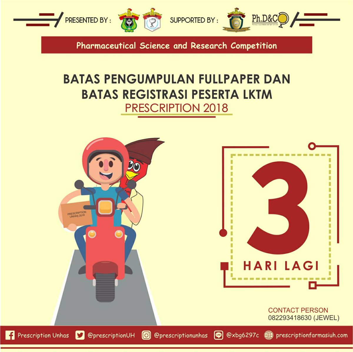 Assalamualaikum wr. wb.
Hi Sahabat Prescription 
pengumpulan full paper bagi peserta LKTM yang telah dinyatakan lulus seleksi Abstrak sisa 3 Hari lagi.
Pengumpulan full paper akan ditutup pada tanggal 12 Maret 2018 pukul 12.59 WIB
Learning never exhaust the mind-Leonardo Da Vinci