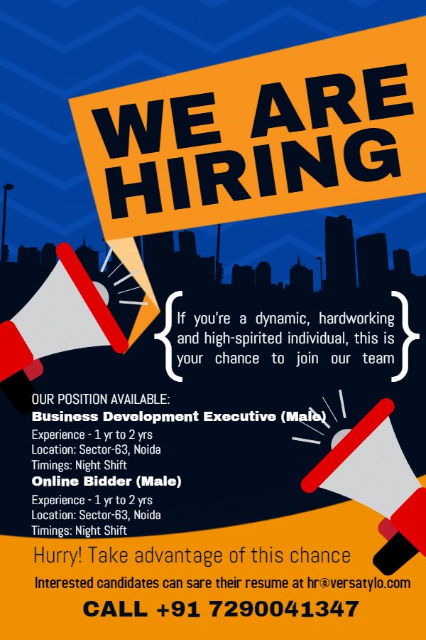 versatylo's tweet photo. We are hiring ! !
1) Business Development Executive (Male) 
Experience - 1 yr to 2 yrs 
Location: Sector-63, Noida 
Timings: Night Shift 
2) Online Bidder (Male)
Experience - 1 yr to 2 yrs 
Location: Sector-63, Noida 
Timings: Night Shift
 Share their resume at hr@versatylo.com https://t.co/QMH5K2050n