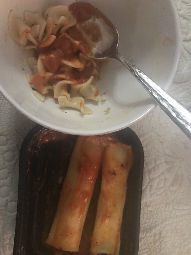 how i eat dinner:

1. consume all broth &amp; vegetables from soup (progresso light, 2018)

2. remove sauce from frozen cheese cannelloni (lean cuisine, 2018) &amp; spoon onto soup-noodle graveyard

3. eat soup noodles w sauce

4. eat the naked cannelloni