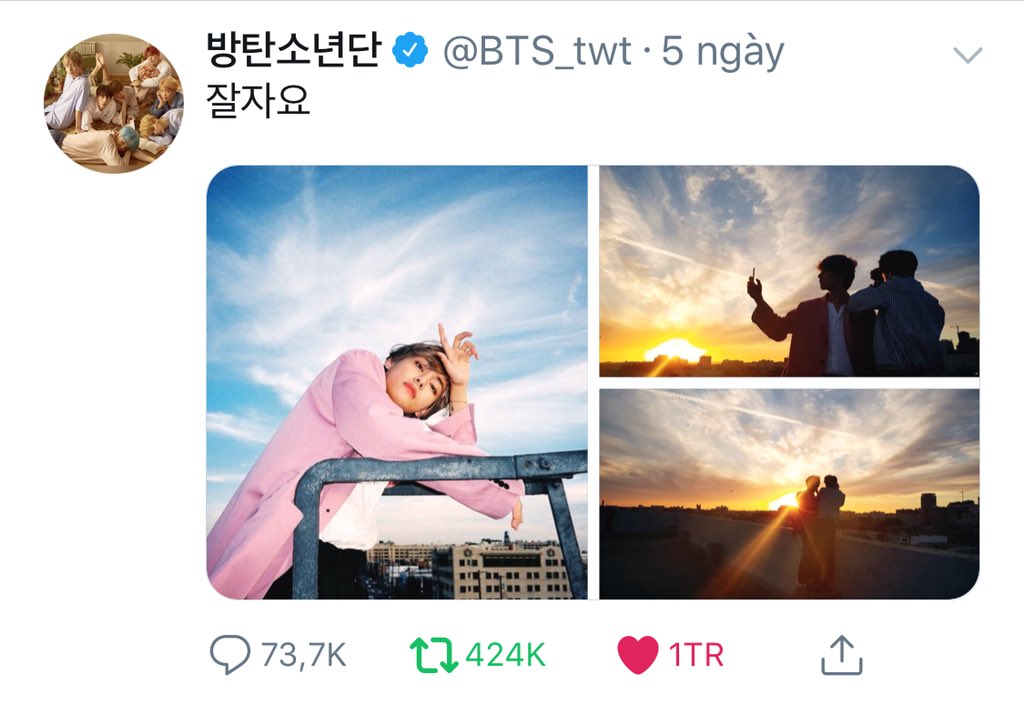 MaiiMai48139885's tweet photo. [TWT] [INFO] <180309>
- Tweet của TH và JK đã đạt 1 triệu lượt thích.🌸

#THOSFansBTS9M 
#BTSARMY #BestFanArmy #iHeartAwards @BTS_twt
#Butterfly_B 
_Mít_ https://t.co/lDPVlJXDi0