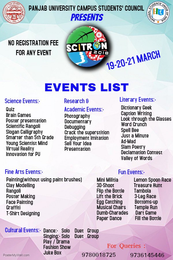 2018Scitron's tweet photo. Here comes the list of full events of #SCITRON2018 at @OfficialPU .

Register as asap https://t.co/E63d0X5913