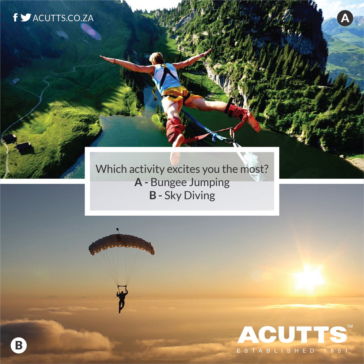 AcuttsSA's tweet photo. Which activity excites you the most? Would you do any of these activities?

A - Bungee Jumping, 
B - Sky Diving

#TrustYourAgent #TheAcuttsWay #realestate #property #sales #success https://t.co/Y1LHsktJis