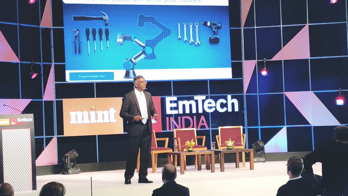 MintEventsLive's tweet photo. "When humans and #robots work together – there’s a 80% growth in efficiency. #Cobots have today made it possible for 'Getting more less for more' - Pradeep David, General Manager, @Universal_Robot at #EmTechIndia 2018# https://t.co/nsH6Cpi6cp
